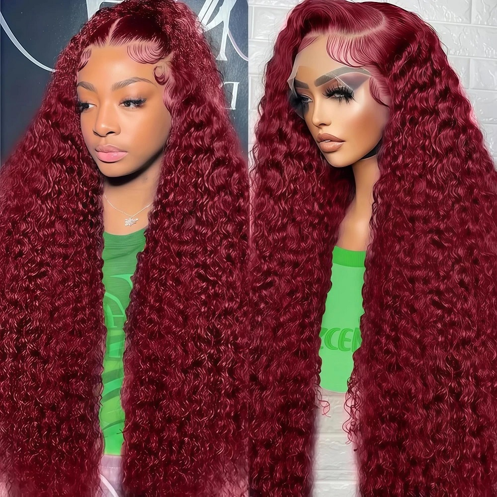 Lace Front Wigs - 99J Burgundy Colored Deep Wave 200